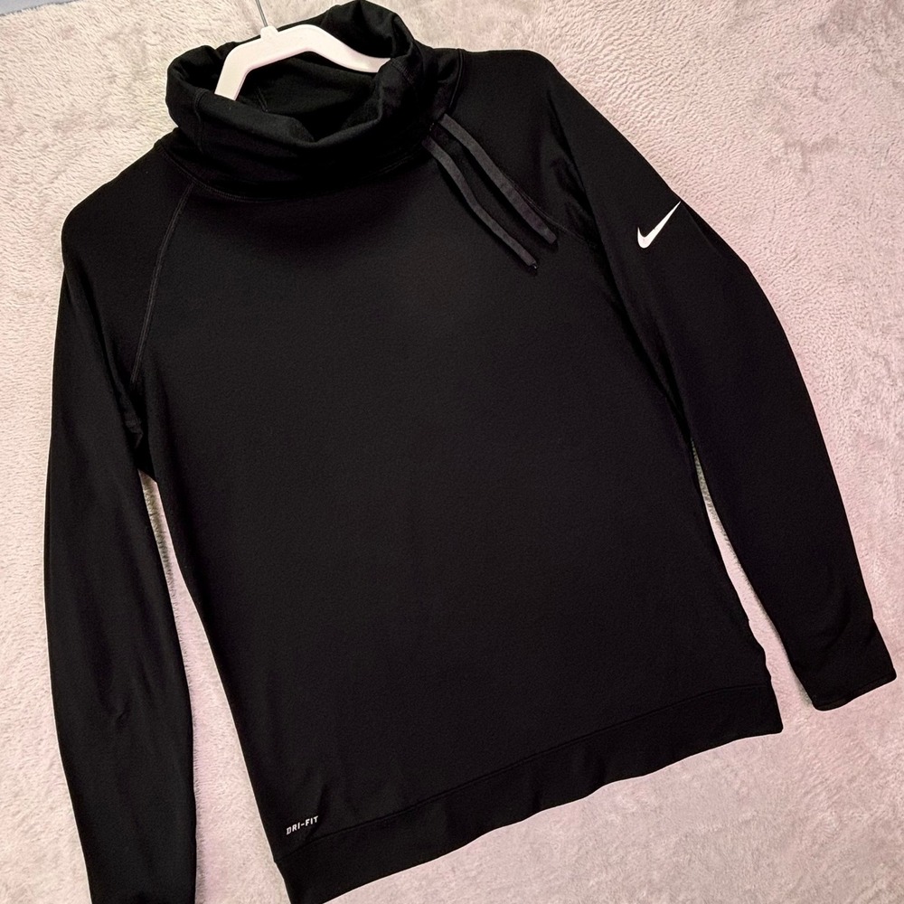 Nike Women Pullover Size Large Black Pro Hyperwarm Dri Fit Side Tie Funnel Neck